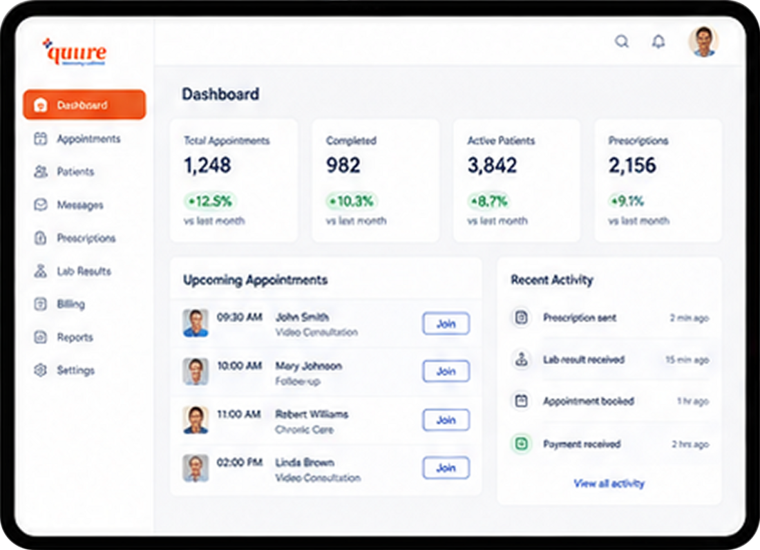 Quure clinic dashboard on tablet