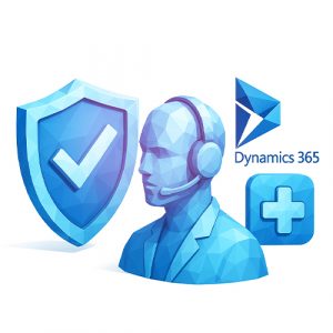 Polygonal illustration of a support agent with a headset, a shield with a check mark, a medical cross, and the Microsoft Dynamics 365 logo, showcasing the role of Dynamics 365 in healthcare.