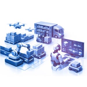 Robots and drones automate logistics in an AI-Enhanced Warehouse & Logistics Operations hub, moving and organizing boxes with the help of AI and data displayed on a large screen.