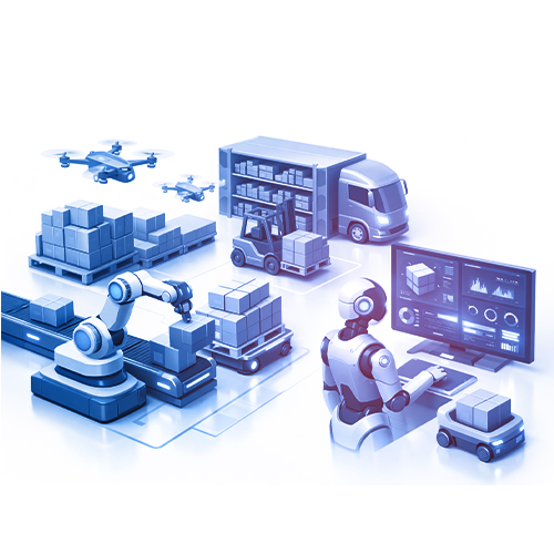 Robots and drones automate logistics in an AI-Enhanced Warehouse & Logistics Operations hub, moving and organizing boxes with the help of AI and data displayed on a large screen.