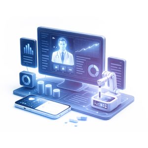 A digital illustration of a telemedicine setup featuring AI in health, with a doctor on a computer screen, medical charts, a robotic arm, a smartphone, and medication arranged on the desk.