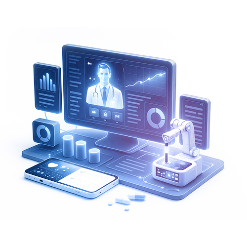 A digital illustration of a telemedicine setup featuring AI in health, with a doctor on a computer screen, medical charts, a robotic arm, a smartphone, and medication arranged on the desk.