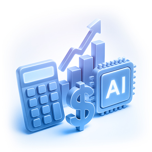 3D icons of a calculator, dollar sign, bar chart with an upward arrow, and a computer chip labeled "AI," illustrating AI ROI in Gen AI for financial analysis or business growth.