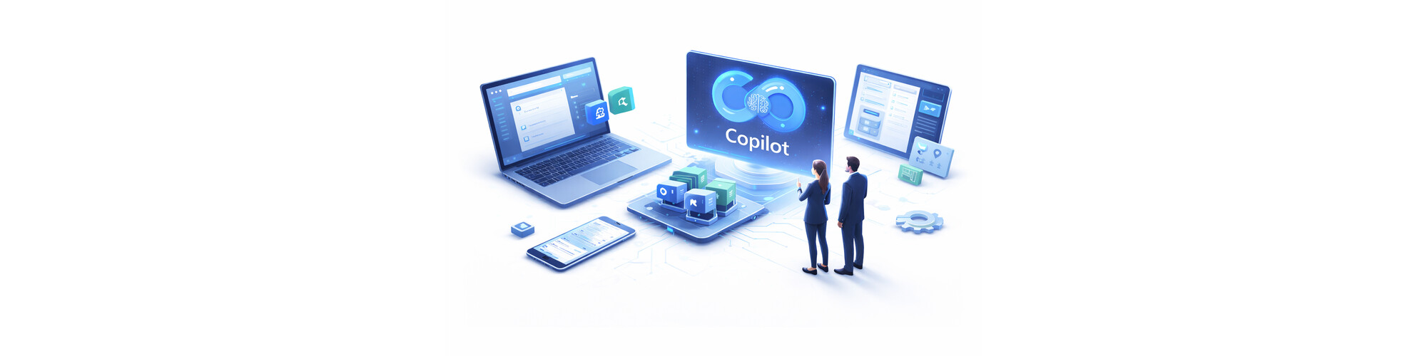 Business professionals stand near a large screen displaying "Copilot" with digital devices and technology icons, highlighting an AI-driven workspace, perfect for those asking, is Microsoft 365 Copilot for SMBs?.