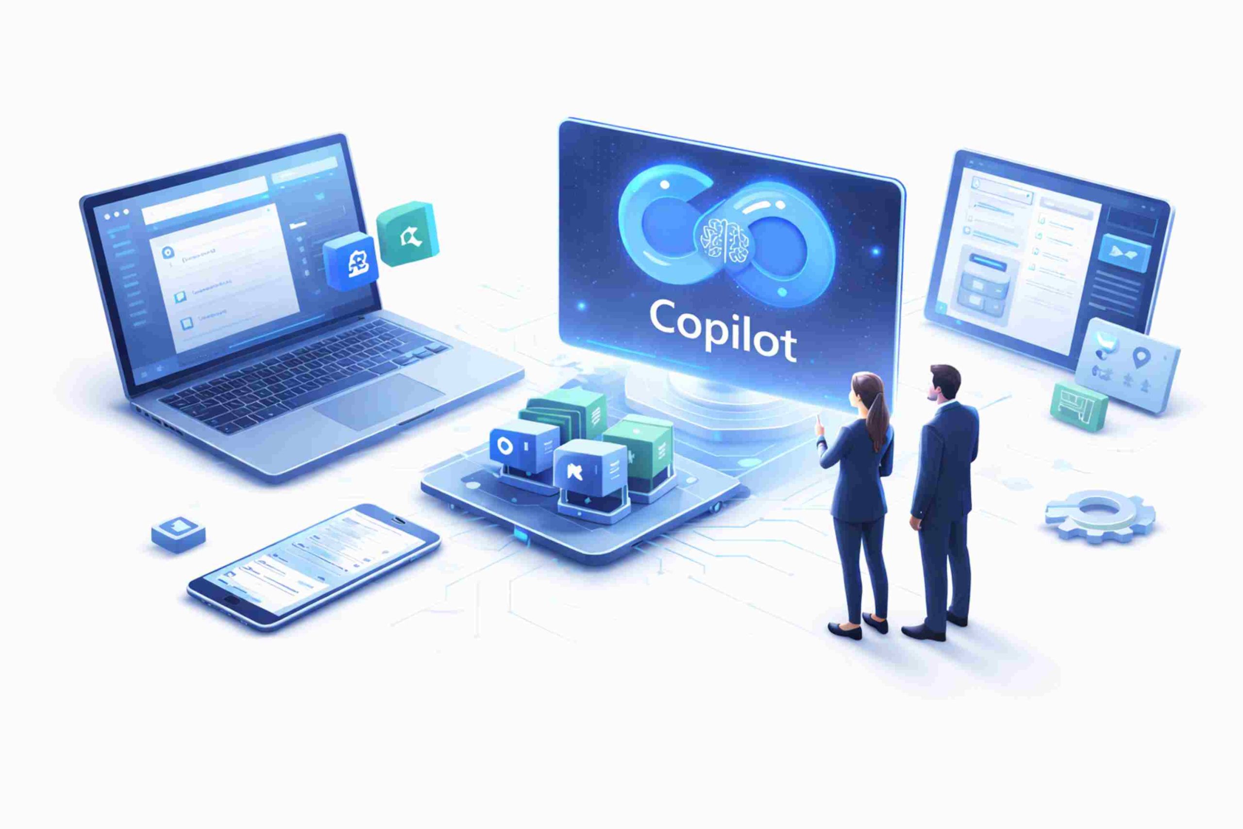 Business professionals stand near a large screen displaying "Copilot" with digital devices and technology icons, highlighting an AI-driven workspace—perfect for those asking, is Microsoft 365 Copilot for SMBs?.