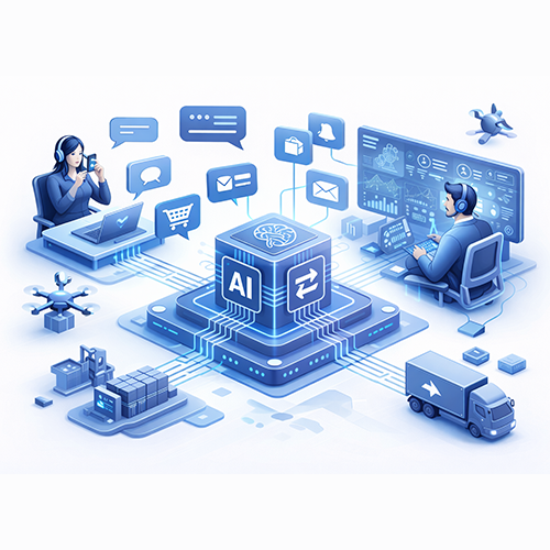 Two people use computers connected to a central AI system, surrounded by icons for data, messaging, shopping, drones, and logistics—illustrating The Maturity Framework: Five Levels of AI-Powered Engagement.