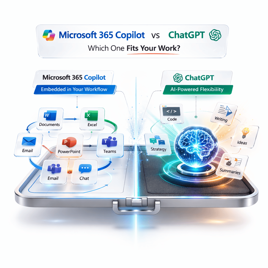 Microsoft 365 Copilot vs ChatGPT comparison showing AI productivity tools for business automation and content generation
