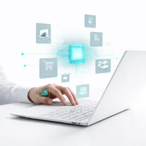 A person types on a laptop with digital icons of various online services, such as shopping and gaming, along with AI Pilots in retail solutions, displayed as holograms above the keyboard.