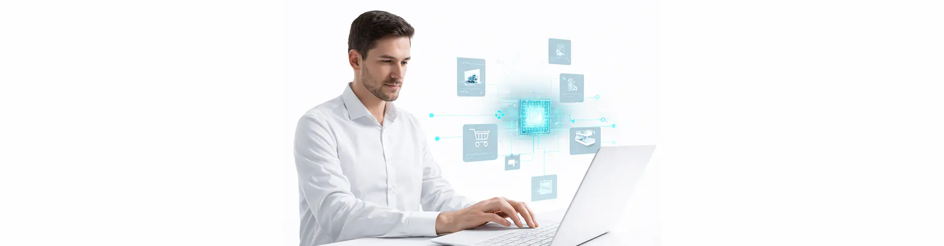 A man in a white shirt uses a laptop, with digital icons and data graphics floating in the background, symbolizing technology, connectivity, and the rise of AI pilots in retail.