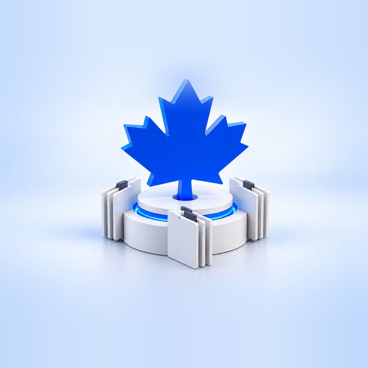 Blue maple leaf on a data platform surrounded by file folders