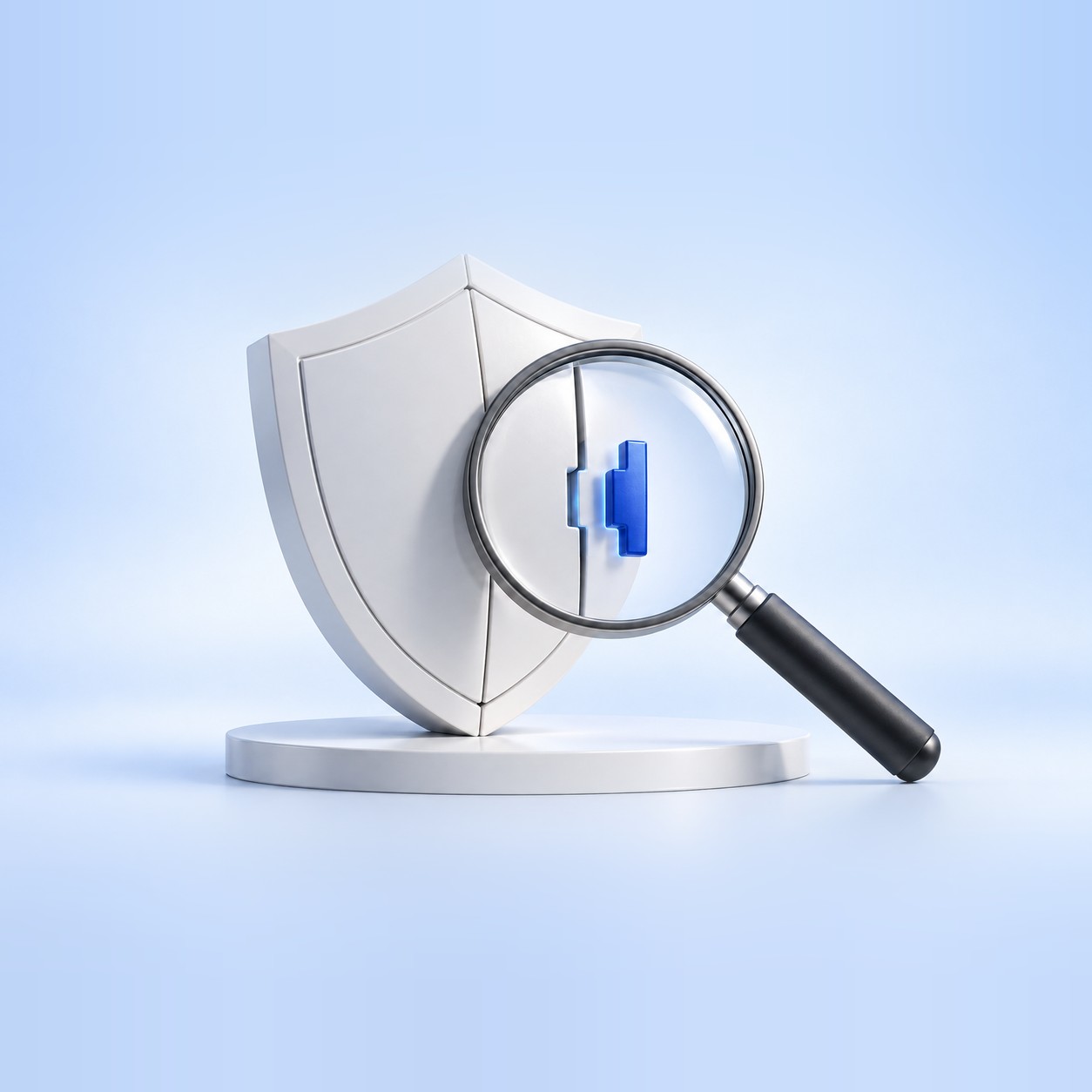 Shield with a magnifying glass inspecting a highlighted code defect