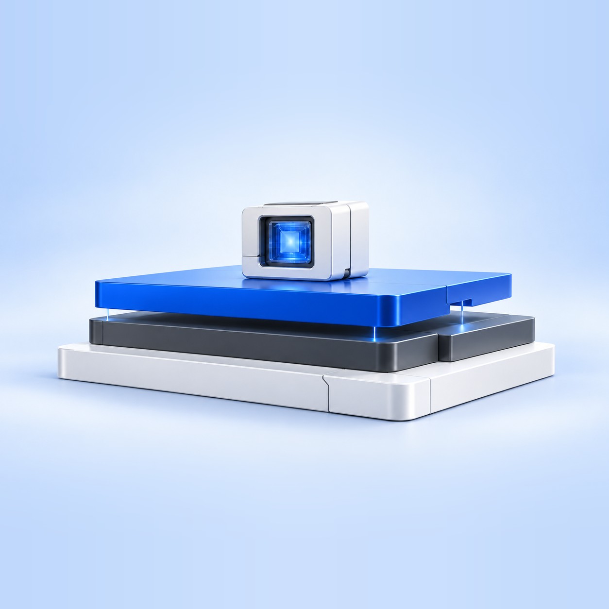 Layered enterprise AI platform stack with a glowing AI module on top